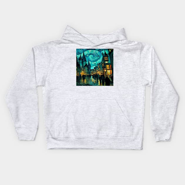 Starry Night in Diagon Alley Kids Hoodie by Grassroots Green